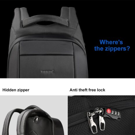 Anti-theft backpack is shown with reinforced zipper