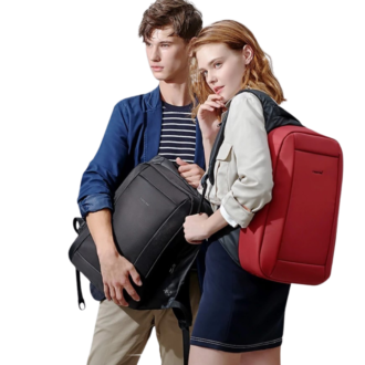 men and woman wearing water-repelent usb backpack