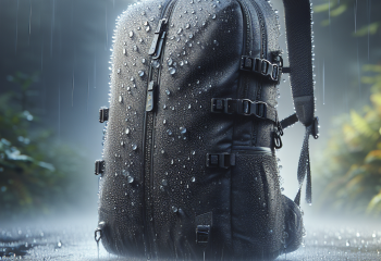 a backpack on the ground in the rain